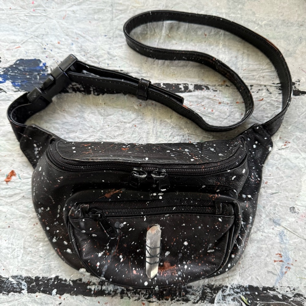 Embellished Splatter Paint & Quartz Crystal Black Leather Fanny Pack